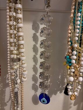 Silver Elephant Bead Hanging with Blue Evil Eye - Home Art Accent